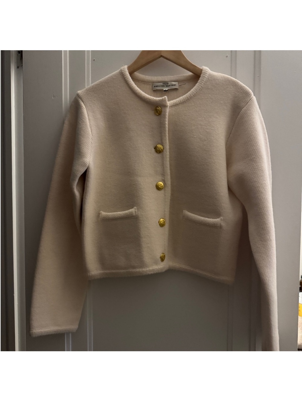 English Factory Cream Cropped Cardigan with Gold Buttons